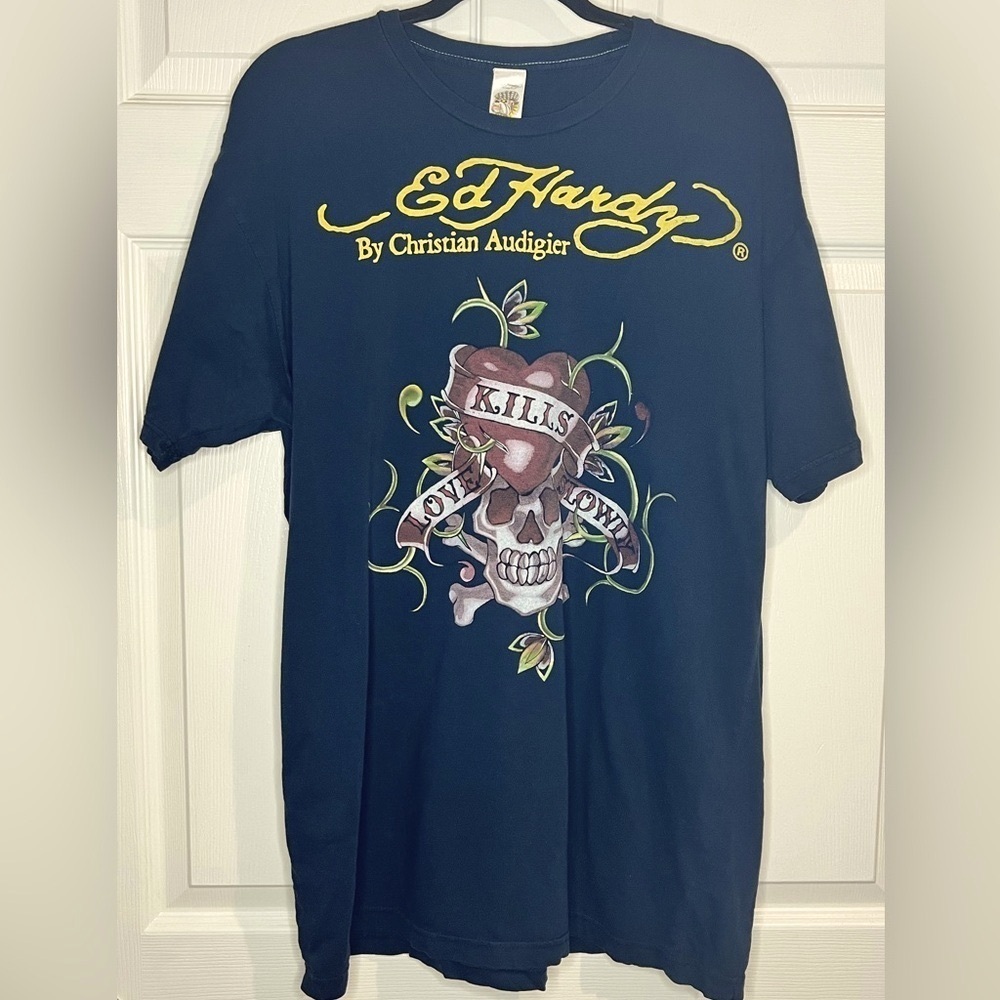 Vintage Ed Hardy by Christian Audigier "Love Kills Slowly" Skull Tee  - Sz XL